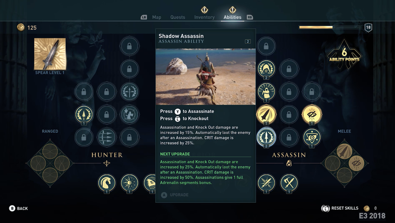Several baseline skills are given to all players, but players then pick more skills from the hunter, warrior or assassin trees. In this screenshot, the warrior branch is hidden behind a pop-up that shows a stealth ability that can be upgraded after it is unlocked.